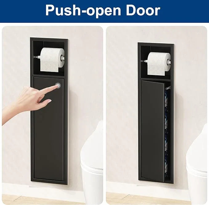 Recessed Toilet Paper Holder, SUS304 Stainless Steel Rustproof Recessed Toilet Paper Holder with Storage Cabinet, in Wall Tissue Paper Holder for Bathroom, Matte Black, 4.7" Depth - ModernBath