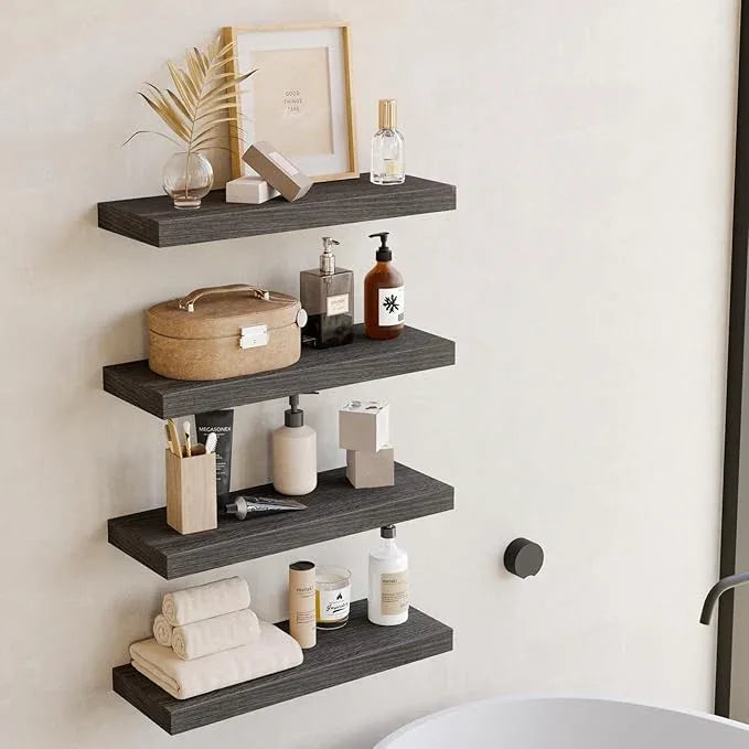 Fixwal 15.8in Floating Shelves, Rustic Wood Finish Wall Shelves Set of 4, Shelves for Wall Decor, with Invisible Brackets for Bathroom, Living Room,Bedroom and Kitchen(Gray) - ModernBath