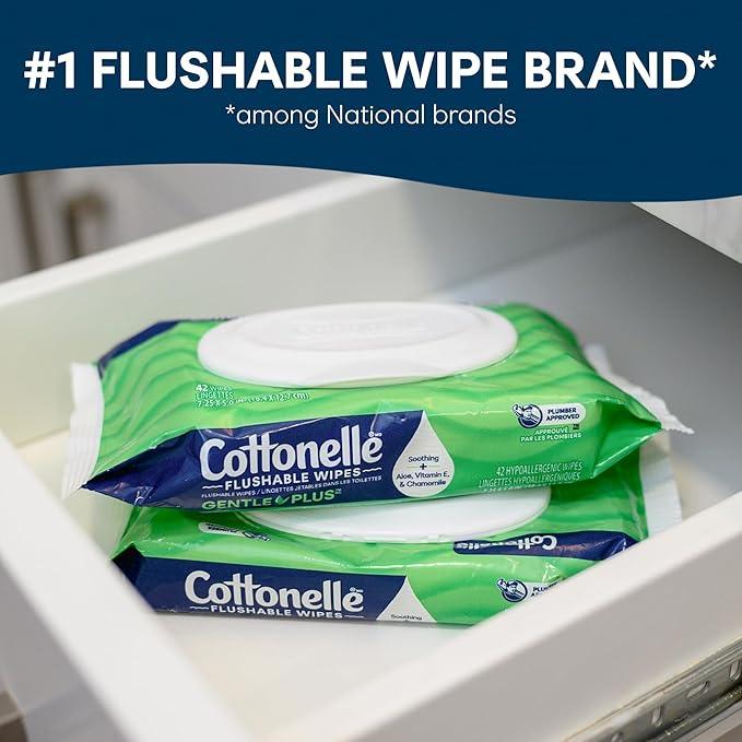 Cottonelle GentlePlus Flushable Wet Wipes with Aloe & Vitamin E, 8 Flip-Top Packs, 42 Wipes Per Pack (336 Total Wipes), Packaging May Vary - ModernBath
