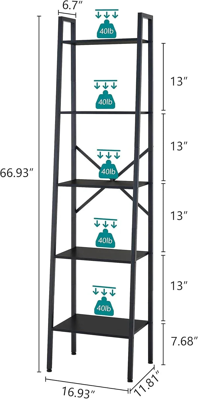 Hoctieon 5-Tier Industrial Ladder Bookshelf, Narrow Ladder Shelf, Tall Standing Bookshelf, Skinny Open Ladder Shelf, for Living Room, Home Office, Kitchen, Bedroom, Metal Frame, Black - ModernBath