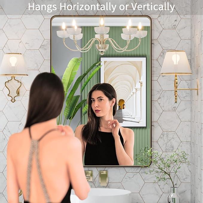 LOAAO 24”X32” Bronze Bathroom Mirrors for Vanity, Rounded Rectangle Brushed Bronze Metal Frame Mirror, Anti-Rust, Hangs Horizontally or Vertically - ModernBath