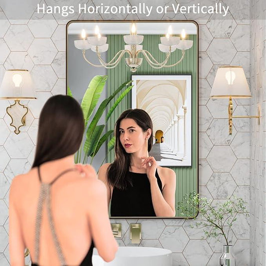LOAAO 24”X32” Bronze Bathroom Mirrors for Vanity, Rounded Rectangle Brushed Bronze Metal Frame Mirror, Anti-Rust, Hangs Horizontally or Vertically - ModernBath