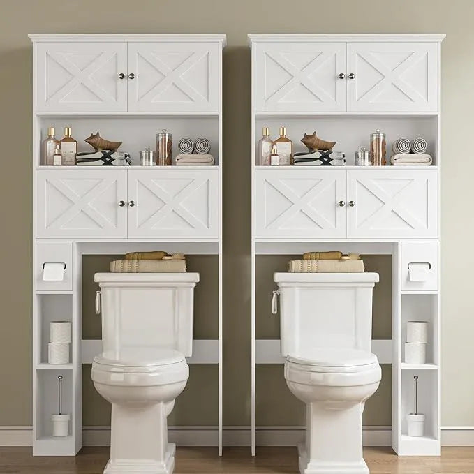 Over The Toilet Storage Cabinet, Farmhouse Storage Cabinet Over Toilet with 4 Barn Doors & Toilet Paper Holder Stand, White Toilet Shelf Home Space Saver for Restroom, Bathroom, Laundry - ModernBath