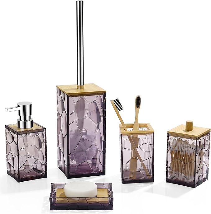GAHEFY Lavender Purple Bathroom Accessories Set, Toothbrush Holder, Soap Dispenser, Cotton Swabs Holder, Soap Dish, Toilet Brush with Holder, Bamboo Bathroom Decor,Acrylic (Purple) - ModernBath