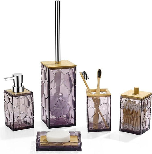 GAHEFY Lavender Purple Bathroom Accessories Set, Toothbrush Holder, Soap Dispenser, Cotton Swabs Holder, Soap Dish, Toilet Brush with Holder, Bamboo Bathroom Decor,Acrylic (Purple) - ModernBath