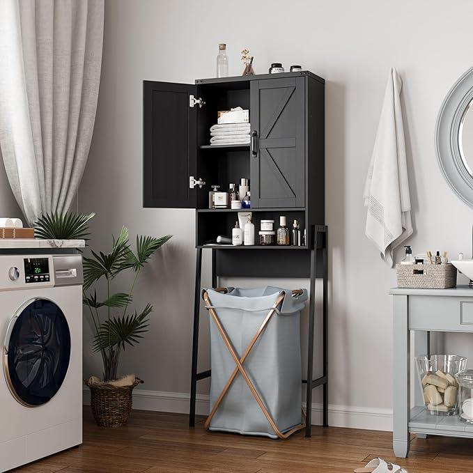Over The Toilet Storage Cabinet with 2-Door Design Bathroom Organizers and Storage with Anti-Tip Device Over Toilet Organizer with Shelves for Bathroom,Restroom,Laundry Black - ModernBath