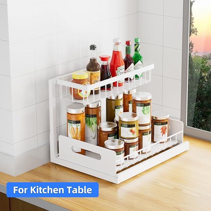 2-Tier Under Sink Slide Out Organizer, Pull Out Cabinet Storage Shelf with Sliding Wire Basket Drawer for Bathroom Kitchen, Countertop or Pantry Shelf, White - ModernBath