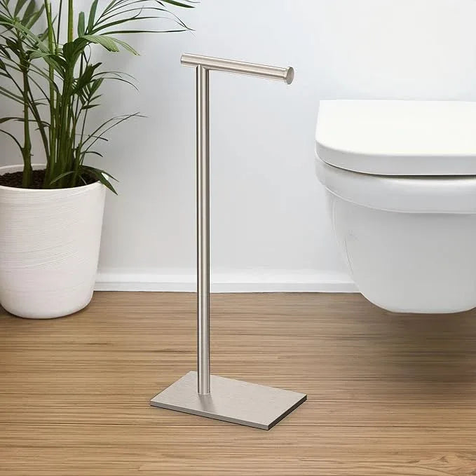 Gatco 1431SN, Modern Rectangle Base Freestanding Toilet Paper Holder, 22.25”, Satin Nickel/Free Standing Toilet Tissue Holder Stand with Weighted Base - ModernBath