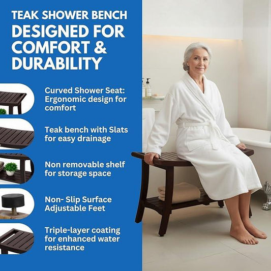 DecoTeak Harmony 30 Inch Brown Waterproof Teak Wood Shower Bench | Provides Safety, Storage, and Organization for Bathroom Accessories - ModernBath