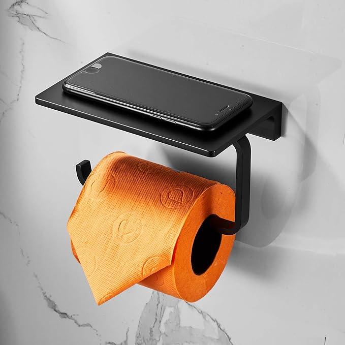 Toilet Roll Paper Holder Bathroom Solid Brass and Superior Hotel Style Wall Mount Tissue Roll Holder with Phone Shelf Matte Black Finished - ModernBath