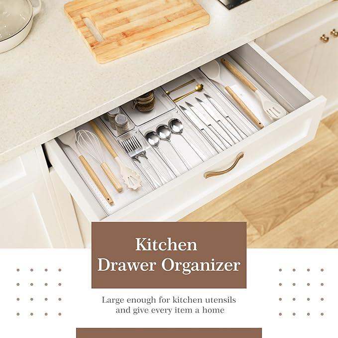 Criusia 14 PCS Clear Plastic Drawer Organizer Set - 5 Large Size Versatile Kitchen and Bathroom Organizer Trays, Non-Slip Storage Bins for Makeup, Utensils, Tool and Office Desk - ModernBath