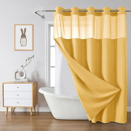 eachope Gold No Hook Waffle Weave Shower Curtain with snap-in Liner Replacement, 230GSM Waterproof Fabric Hotel Shower Curtain Set for Bathroom, Through Mesh Top Window,71Wx86H - ModernBath