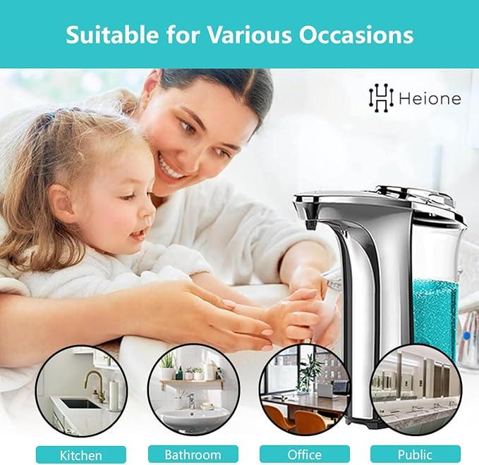 Heione Automatic Soap Dispenser Touchless - Battery Operated Sensor Liquid Soap Pump for Kitchen Sink & Bathroom - Silver Glossy Color, 5 Adjustable Levels, IPX4 Waterproof, 17oz / 500ml - ModernBath