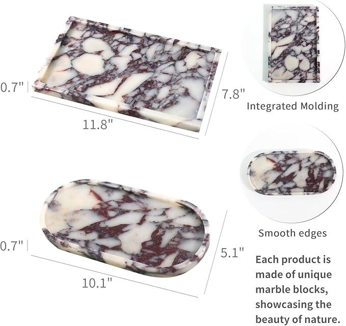 Real Luxurious Natural Marble Vanity Tray Genuine Marble Storage Tray for Home Decor Stone Tray for Bathroom/Kitchen/Vanity/Dresser Non-Resin/Non-Ceramic/Viola Oval Set - ModernBath