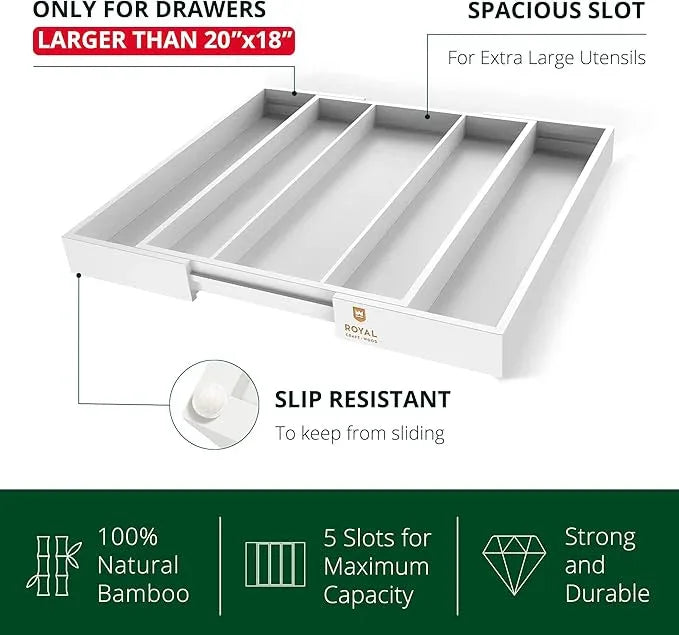 ROYAL CRAFT WOOD Luxury Bamboo Kitchen Drawer Organizer - Silverware Organizer - Utensil Holder and Cutlery Tray with Grooved Drawer Dividers for Flatware and Kitchen Utensils (5 Slot, White) - ModernBath