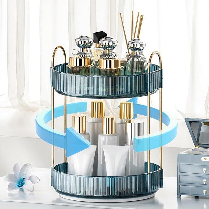 INVSSENE 360° Rotating Makeup Organizer, Bathroom Organizers and Storage Holder Rack, Large Capacity Vanity Shelf Countertop, Fits Cosmetics, Perfume, Skin Care(Blue, 2 Tiers) - ModernBath