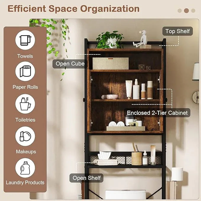 Tangkula Over The Toilet Storage Cabinet, 5-Tier Space Saver Above Toilet with 2 Mesh Doors, Metal Stand, Toilet Paper Holder & Hook, Freestanding Bathroom Cabinet Organizer for Laundry, Rustic Brown - ModernBath