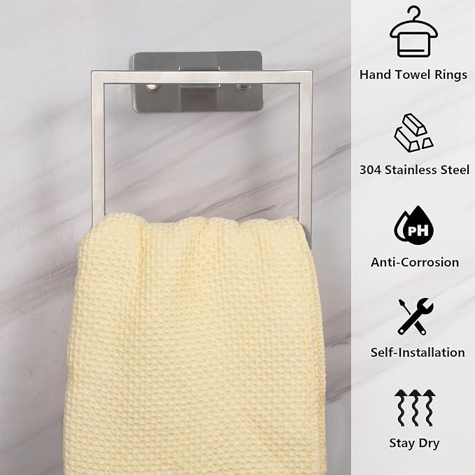 LANC Hand Towel Rings for Bathroom Wall Mount Brushed Finished Square Self Adhesive Hand Towel Holder for Kitchen Towel Holder Lavatory Stainless Steel Contemporary Shower Towel Racks, A8396BN - ModernBath
