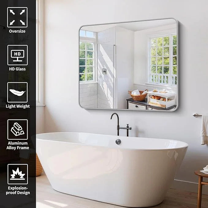 CIVENO 48x40 Inch Silver Bathroom Mirror, Large Rectangle Mirror, Metal Framed Rectangular Vanity Mirror, Rounded Corner Wall Mounted Mirror for Living Room Bedroom Entryway Horizontal or Vertical - ModernBath