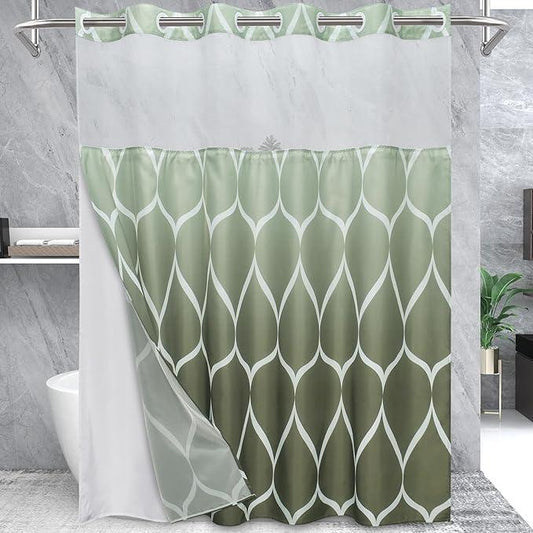 Yiatn No Hook Ombre Sage Green Shower Curtain with Snap in Fabric Liner Set - Hotel Style with See Through Mesh Top Window, 71x74 INCH - ModernBath