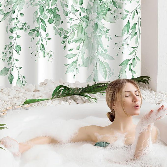 Gibelle Long Shower Curtain 72 x 78, Tall Mint Green Floral Shower Curtain for Bathroom, Watercolor Plant Eucalyptus Leaves Fabric Shower Curtain Set - ModernBath