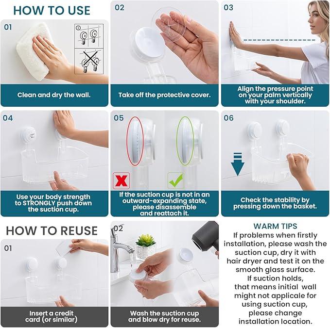 TAILI Shower Caddy Suction Cup 2 Pack, Heavy Duty Bathroom Organizer, Removable Shelves for Inside Shower, Shampoo, Waterproof Suction Plastic Storage for Bathroom Accessories Holder, Frosted Clear - ModernBath