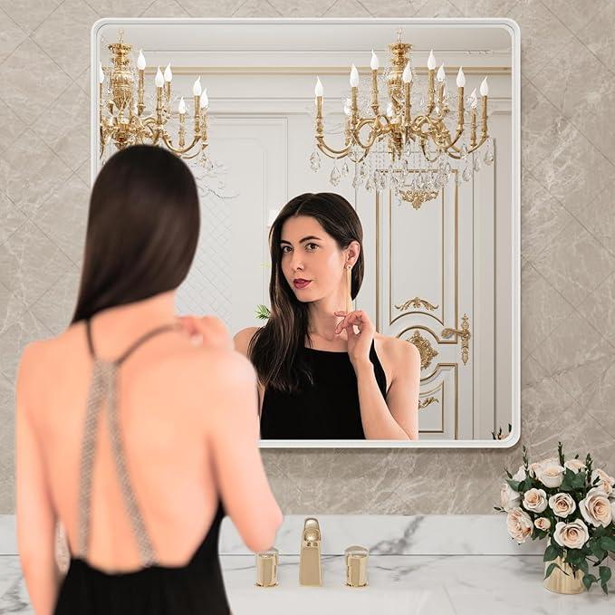 LOAAO 30x30 Inch White Metal Framed Bathroom Mirror for Wall, White Bathroom Vanity Mirror Farmhouse, Large Rounded Rectangle Mirror, Anti-Rust, Hangs Horizontally or Vertically - ModernBath