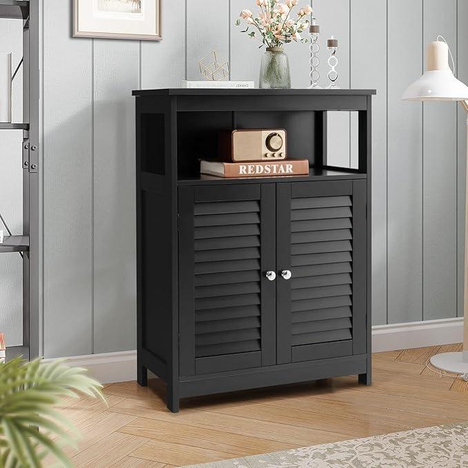 GLACER Bathroom Floor Cabinet, Wooden Storage Cabinet with Double Shutter Doors & 3-Position Adjustable Shelf, Side Storage Organizer, 23.5 x 12 x 31.5 inches (Black) - ModernBath