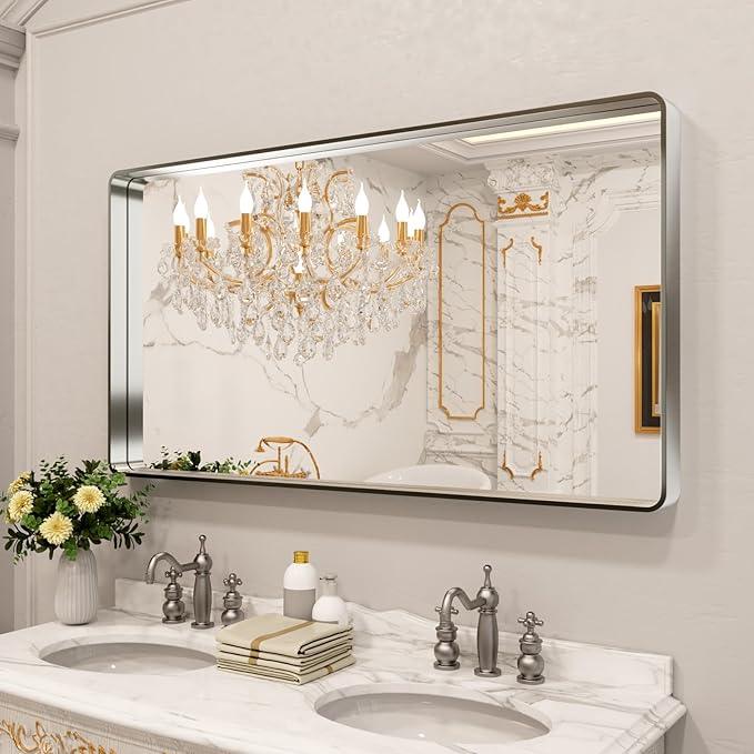 LOAAO 55X30 Inch Brushed Nickel Bathroom Mirror, Rounded Rectangle Silver Metal Frame Mirror, Brushed Nickel, Anti-Rust, Shatter Proof, Hangs Horizontally or Vertically - ModernBath