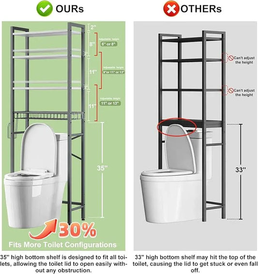 Over-The-Toilet Storage Rack, 4-Tier Bathroom Organizer Shelf Over Toilet with Adjustable Shelf and Basket, Freestanding Space Saver Bathroom Shelves Above Toilet for Room (Gray- White) - ModernBath