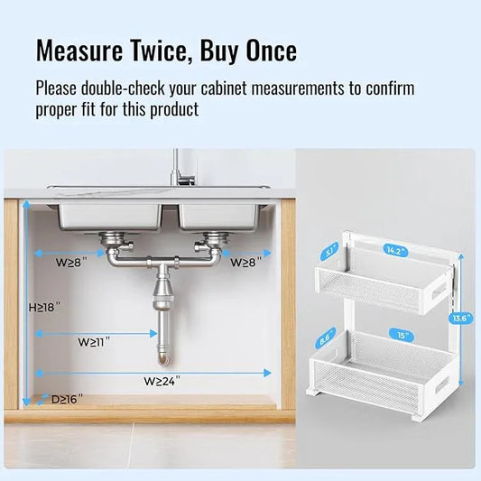 Full Metal Under Sink Organizer, Pull Out Cabinet Organizers and Storage, Silk-Smooth Sliding Drawer for Kitchen, Bathroom, Pantry, Cabinet, Closet (White, 2 Pack) - ModernBath
