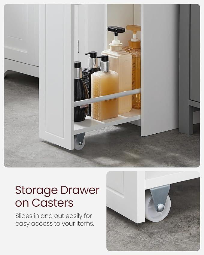 VASAGLE Slim Storage Cabinet, Narrow Storage Organizer with Slide Out Drawers, Freestanding Toilet Paper Holder, Small Space Skinny Cabinet for Bathroom Kitchen Corner, Cloud White UBBC847P31 - ModernBath