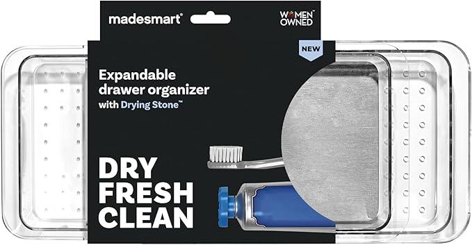 madesmart Expandable Dental Tray Drawer Organizer with Drying Stone, Clear Plastic Organizer for Toothbrush, Dental Floss, Water Flosser, Mouthwash - ModernBath