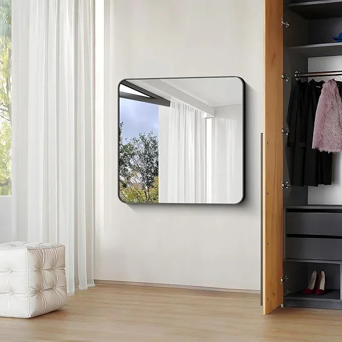 CIVENO Black Bathroom Mirrors for Wall, 30"x30" Square Mirror, Rounded Corner Metal Frame Wall Mirror, Bathroom Vanity Mirror for Bedroom Living Room Entryway Horizontal Or Vertical Mounting - ModernBath