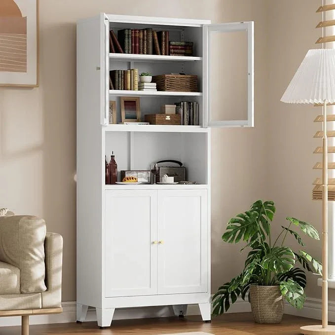 Metal Kitchen Pantry Cabinet, 69" Tall Storage Cabinet with 4 Doors and 3 Adjustable Shelves, Freestanding Cupboards for Dining Room, Living Room, Bathroom (White-Glass, 69" H) - ModernBath
