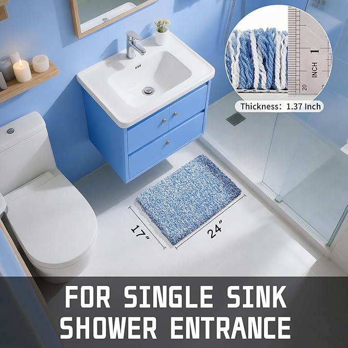 Yimobra Bathroom Rugs Non Slip Washable, Ultra Soft and Water Absorbent Bath Mats, Plush Fluffy Shower Mat Outside, Microfiber Thick Matts for Bathroom Floor/Sink, 24x17, Blue and White - ModernBath