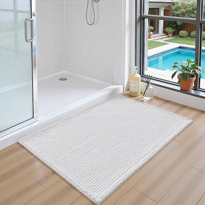 DEXI Bathroom Rugs 16x24, Non Slip Washable Bath Mat, Absorbent Chenille Bathmat, Ultra Soft Thick Carpet for Tub Shower Floor, White - ModernBath