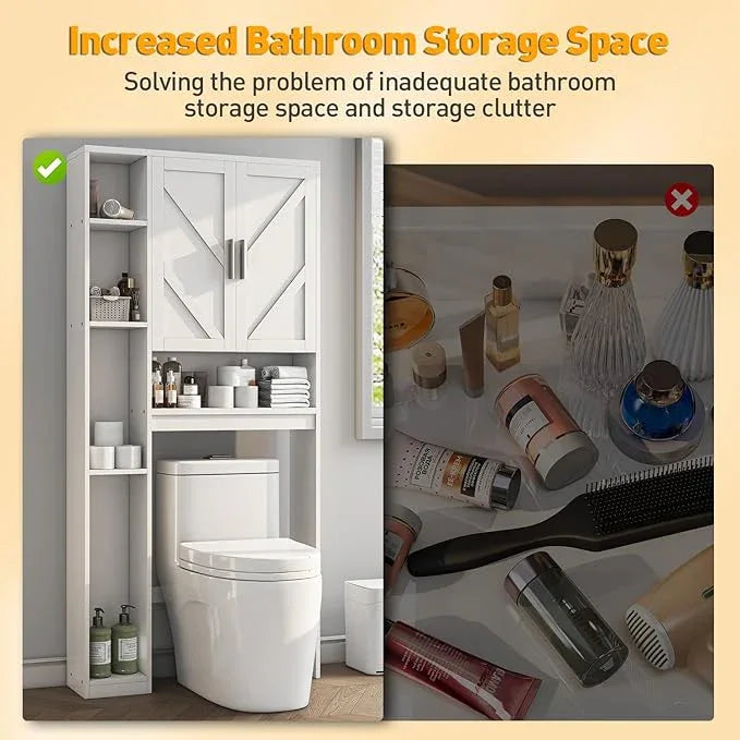 Over The Toilet Storage Cabinet with 7 Storage Shelves, Above Toilet Bathroom Organizer with Toilet Paper Holder Stand, Behind Toilet Cabinet, Space Saver for Restroom, Bathroom, Laundry, White - ModernBath