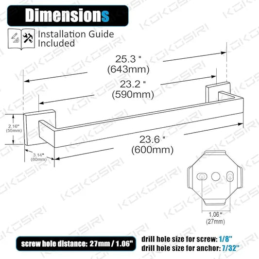 KOKOSIRI 24-Inch Single Towel Bar, Bathroom Kitchen Towel Holder, Wall Mounted SUS304 Stainless Steel Towel Rack, Brushed Nickel, B4003BR-L24 - ModernBath