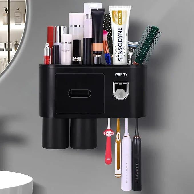 Wekity Multifunctional Wall-Mounted Toothbrush Holder, Automatic Toothpaste Dispenser Space Saving Toothbrush and Toothpaste Holder, with 2 Cups and Drawers Cosmetic Organizer (Black) - ModernBath