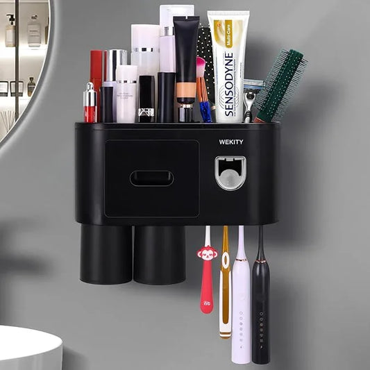 Wekity Multifunctional Wall-Mounted Toothbrush Holder, Automatic Toothpaste Dispenser Space Saving Toothbrush and Toothpaste Holder, with 2 Cups and Drawers Cosmetic Organizer (Black) - ModernBath