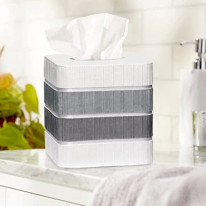 Zahari Home 2pc Modern Line Stylish Bath Accessories Set Waste Basket & Square Tissue Box Cover Classic Contemporary Decorative Beautiful Designs Gray Bathroom Decor Set for Home Modern Bath Set - ModernBath