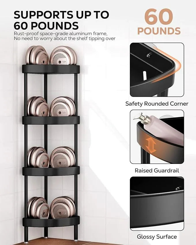 Nieifi Corner Shower Caddy Stand-4 Tier Rustproof Anodized Aluminum Standing Shower Organizer-Shower Caddy Corner-Dual Stability to Anti-Shaking-Height-Adjustable Legs for Uneven Surfaces-Black - ModernBath