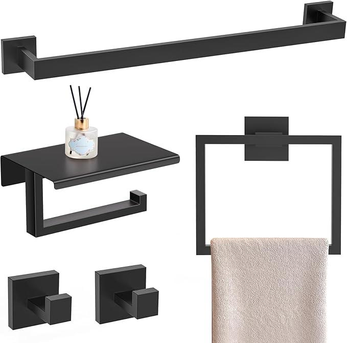 YACVCL 5 Pieces Matte Black Bathroom Hardware Accessorie Set 23.6 Inch Towel Bar Set SUS304 Stainless Steel Towel Rack&Holder Set for Bathroom,Toilet Paper Holder with Shelf Wall-Mounted - ModernBath