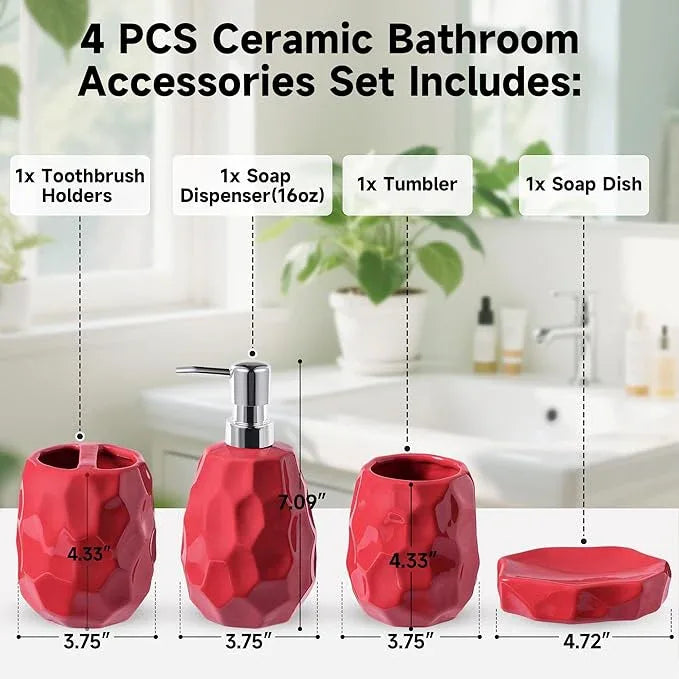 Ceramic Bathroom Accessories Set 4 PCS,Bathroom Toothbrush Holder Set,Soap and Toothbrush Holder Set,Include Toothbrush Holder,Soap Dispenser,Tumbler,Soap Dish,Bathroom Sets Decor Organizer (Red) - ModernBath