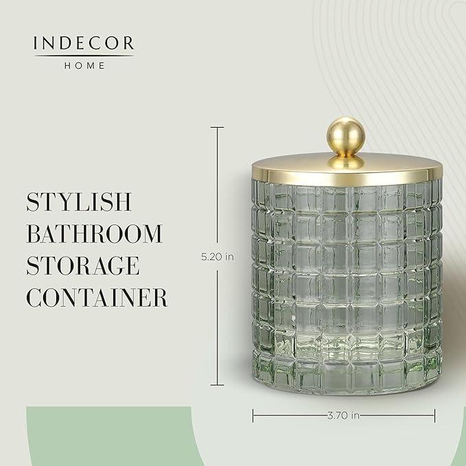 Indecor Home Sage Colored Tranlucent Apothecary Etched Geometric Grid Glass Jar W/Gold Metal Lid Cover for Bathroom Organization, Cotton Balls, Q Tips, and Small Accessories, Bathroom Storage - ModernBath