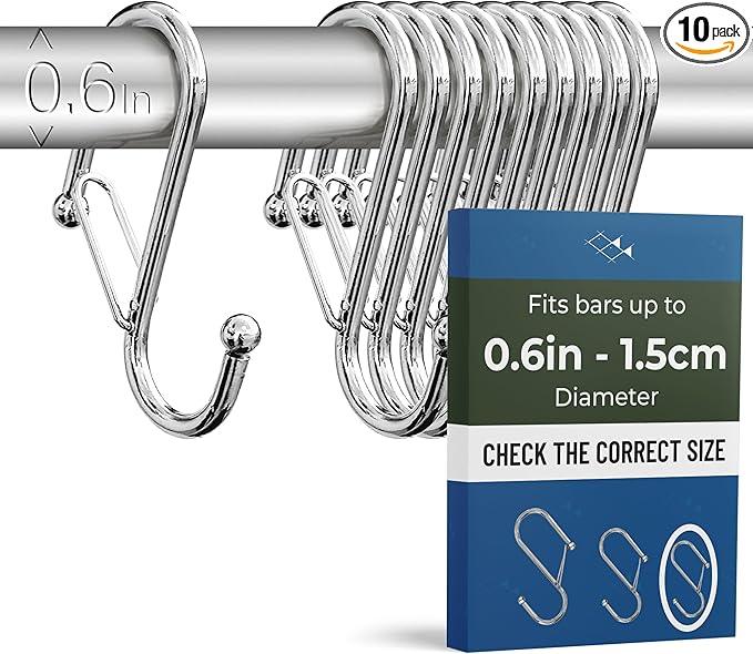 Blau Marité 10-Pack Metal S Hooks for Hanging – Heavy-Duty S-Shaped Hooks with Safety Buckle – Fits Bars up to 0.6 In – Anti-Drop Hook for Kitchen, Pot Racks & Towel Bars – Silver (Small) - ModernBath