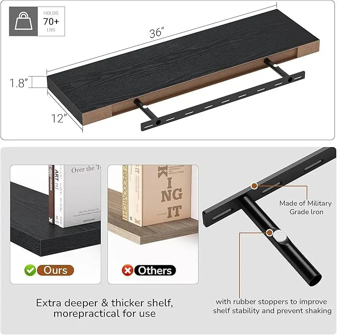 Vivelove Single Floating Shelves 36 inch Long, 10 in Deep Shelves Wall Mounted for Bedroom, Bathroom, Living Room, Kitchen, Office, Modern Shelf Home Decor, Set of 1, Black - ModernBath