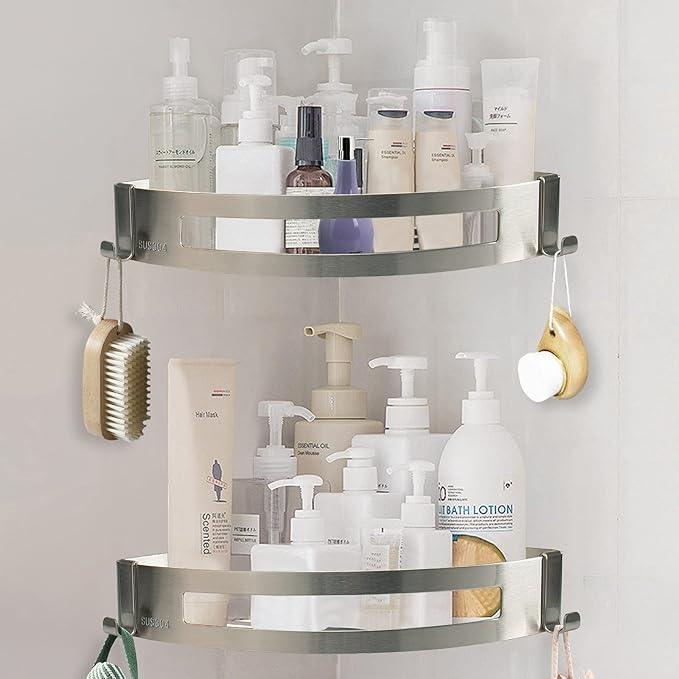 NearMoon Bathroom Shower Caddy 2 Pack, No Drill 304 Stainless Steel Shower Organizer with 2 Hooks (Corner Shelf, Brushed Nickel) - ModernBath