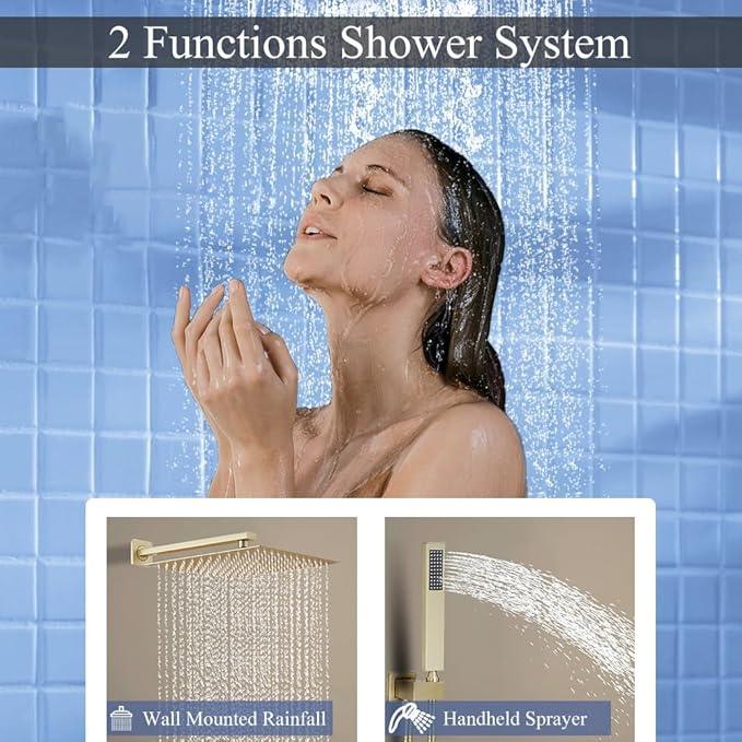 YCAIKOI Shower Faucet Set 16 Inch Wall Mount Rain Shower System, All Metal Shower Fixtures - Brushed Gold - ModernBath